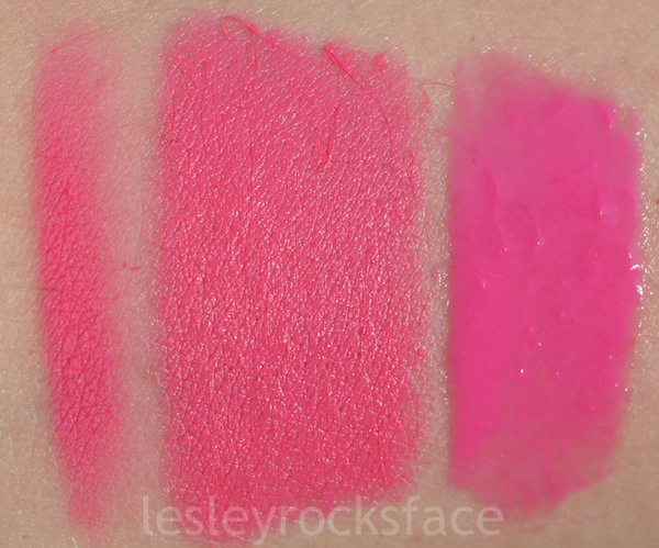 Silly Lip Pencil, Lipstick and Lipglass swatched on NC15 skin.Photo taken outdoors in natural sunlight.
