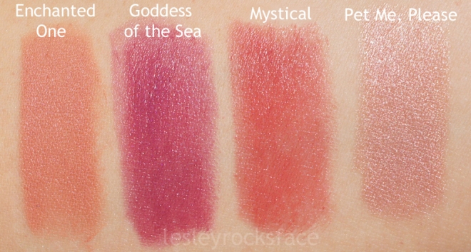 Photo taken outdoors in natural sunlight. Lipsticks swatched on NC20 skin.